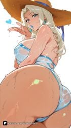 1girl ai_generated artist_name ass ass_focus bare_shoulders blonde_hair blue_eyes breasts earrings emma_frost emma_frost_(marvel_rivals) female female_only hat heart jewelry large_breasts lipstick long_hair looking_at_viewer looking_back makeup marvel marvel_comics marvel_rivals mole o-ring one-piece_swimsuit parted_lips patreon questionable see-through senpai_pixels simple_background solo straw_hat sun_hat swimsuit thick_thighs thighs wet wet_clothes white_background white_one-piece_swimsuit white_queen x-men
