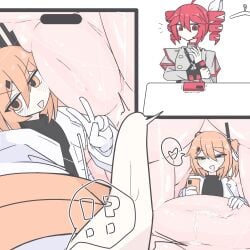 adachi_rei female female_only giantess kasane_teto pussy_juice size_difference spread_pussy unbirthing voifoooork white_background yuri