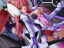 2000s_(style) 2girls :o blush breast_slip breasts brown_eyes clothes_lift dress dutch_angle en_ciel_rena fingering fingering_through_clothes game_asset gloves grabbing_another's_breast grabbing_from_behind groping hair_ornament hat kourin_tenshi_en_ciel_rena large_breasts lipstick long_hair magical_girl makeup molestation multiple_girls nipple_stimulation nipple_tweak nipples non-web_source official_art one_breast_out open_mouth panties pink_hair pointy_ears purple_hair pussy_juice reach-around saitou_natsuki self-datamine skirt skirt_lift sweat thighhighs through_clothes tomoe_rena underwear variant_set visual_novel_cg wet wet_clothes wet_panties white_panties yellow_eyes yuri