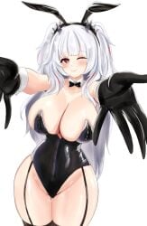 1girl 1girls alternate_breast_size_(larger) animal_ears bare_hips black_gloves black_leotard blue_streaks breasts bunny_girl bunnysuit cleavage curvy demon_girl demon_horns fake_animal_ears female garter_straps gloves grey_hair highres horns huge_breasts immortalboobs indie_virtual_youtuber leotard long_hair looking_at_viewer lucy_pyre massive_breasts multicolored_hair one_eye_closed playboy_bunny pointy_ears rabbit_ears red_eyes red_streaks revealing_clothes smile solo streaked_hair thighs tits virtual_youtuber vtuber white_background wide_hips
