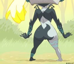1girl 1girls ass ass_focus butt butt_focus female female_focus female_only from_behind helmet midna multicolored_hair nature nature_background nintendo parody scene_reference standing the_legend_of_zelda twilight_princess two-tone_body wide_hips yellow_hair