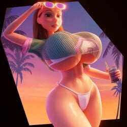 1girls 3d background big_breasts big_hero_6 big_thighs bikini bikini_bottom bikini_top blender clothed disney drakepowers drink glasses grand_theft_auto_vi honey_blonde_hair honey_lemon jersey latina looking_at_viewer marvel sfw summer wet wet_skin