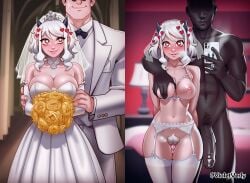 1boy 1girl ai_assisted ai_generated blush breasts dress flower heart hetero holding jewelry large_breasts navel nipples red_eyes smile thighhighs underwear violetverly white_hair