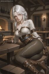 1girl ai_generated ass belt bookshelf boots breasts brown_footwear ciri cleavage gloves hi_res high_quality high_resolution indoors knee_boots looking_at_viewer medium_breasts pants patreon seductive sexy silver_hair solo the_witcher_(series) uncensored watermark weapon