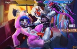 blue_eyes blue_hair chaser chaser_(dclzexon) choking choking_while_penetrating dclzexon game_mechanics green_eyes monkey_boy nuwa_nightstone panda_girl white_fur white_hair