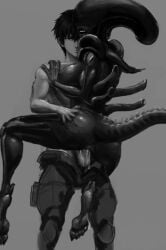 alien alien_(franchise) alien_girl alien_humanoid anos_voldigoad back_spikes black_body black_hair black_lips cum cum_in_pussy cum_inside cum_on_feet curvy curvy_body curvy_female curvy_figure curvy_hips curvy_thighs demon feet feet_off_ground female_xenomorph hand_on_butt large_breasts long_head maou_gakuin_no_futekigousha medium_ass serious serious_face serious_look tail