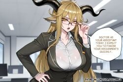 1girl adjusting_eyewear ai_assisted ai_generated alternate_costume arknights black_jacket degenbrecher_(arknights) english_text fatest_squirrel glasses hand_on_own_hip large_breasts office_lady open_mouth skirt white_shirt yellow_eyes