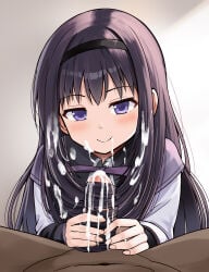 1boy 1boy1girl 1girls akemi_homura cum cum_on_face cum_on_hair hair_around_penis mahou_shoujo_madoka_magica