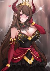 1girls big_breast breasts brown_hair demon demon_girl demon_horns dress female grand_summoners haxial heart horns huge_breasts juno_(grand_summoners) light-skinned_female light_skin pinup pointy_ears red_eyes tagme thick