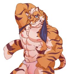 1:1 abs anthro biceps blue_eyes bulge clothed clothing clothing_lift felid fur hair lin_hu male male_only mammal multicolored_body multicolored_fur muscular muscular_anthro muscular_male muscular_thighs nekojishi orange_body orange_fur pantherine pecs sanjiaoasanjiao shirt shirt_lift simple_background striped_body striped_fur striped_tail stripes tiger topwear triceps two_tone_body two_tone_fur underwear white_background white_body white_fur white_hair