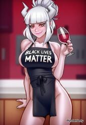1girl ai_assisted ai_generated apron bangs blunt_bangs breasts cup holding horns large_breasts lips looking_at_viewer mole red_eyes smile solo twitter_username violetverly white_hair