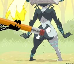 2girls ass ass_focus butt butt_crack butt_focus cartoon_logic doppelganger dust eraser female female_focus female_only from_behind helmet holding holding_object midna multicolored_hair nature nature_background nintendo oversized_object parody pencil pencil_(object) scene_reference standing the_legend_of_zelda twilight_princess two-tone_body wide_hips yellow_hair