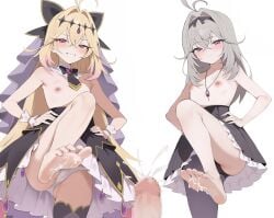 1boy 2girls absurdres antenna_hair barefoot black_necktie black_panties black_skirt blonde_hair blush censored closed_mouth collar commentary commission crossed_bangs crotch_seam cum cum_on_body cum_on_feet cure_arcana_shadow detached_collar dual_persona ejaculation feet flat_chest foot_out_of_frame grey_eyes grey_hair grey_hiphighs grin hair_between_eyes hair_intakes hands_on_own_hips hetero highres hiphighs leg_up long_bangs long_hair meitantei_precure! miniskirt moria_luluka mosaic_censoring multiple_girls necktie nipples out_of_frame panties penis petticoat pink_eyes pixiv_commission pleated_skirt pov precure redshark_(t373412) short_necktie simple_background single_hiphigh skirt smile smug straight_hair toes topless_female underwear upskirt variant_set very_long_hair white_background white_collar white_panties