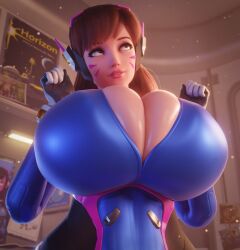 1girls 3d 3d_(artwork) asian asian_female big_boobs big_breasts boobs breasts brown_eyes brown_eyes_female brown_hair brown_hair_female brunette brunette_female brunette_hair cleavage clothed clothed_female d.va huge_boobs huge_breasts korean korean_female light-skinned_female light_skin looking_up overwatch overwatch_2 scrag_d.va vllrukkin