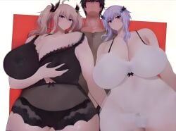 about_to_pound_the_fuck_outta_em anos_voldigoad black_hair black_lace black_lace_bra black_lace_panties blonde_hair blush cowlick demon demon_girl edited_art fair_skin fat_ass green_eyes implied_sex large_ass large_breasts maou_gakuin_no_futekigousha misha_necron nachocobana nipple_peek nipple_slip platinum_blonde_hair purple_eyes sasha_necron sisters thick_body thick_butt thick_hips thick_thighs twins twintails twintails_(hairstyle) white_bra white_hair white_panties