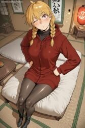 1girl ahoge ai_generated blonde_hair blush braid gabby_(yomi_no_tsugai) hi_res high_quality high_resolution jacket long_hair looking_at_viewer one_eye_closed orange_hair pantyhose patreon red_eyes savvyraexo seductive sexy solo tatami track_jacket twin_braids uncensored watermark zipper