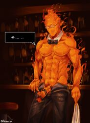 ... abs absurdres arima_(arima_bn) bar bara bowtie censored dick fire gay glasses grillby highres ifrit male male_focus male_only muscle muscles muscular no_mouth orange_body pecs shirtless undertale undertale_(series) yaoi