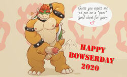 1boy 2020 anthro balls bodily_fluids bowser bowser_day cum english_text full_body galrock genital_fluids genitals hi_res koopa male male_only mario_(series) moobs nintendo nipples one_eye_closed overweight overweight_anthro overweight_male penis scalie simple_background solo speech_bubble standing testicles text video_games wink