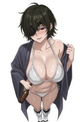 beer big_breasts bikini busty busty_female chainsaw_man charlesart coat_on_shoulders curvy curvy_female drunk eyepatch green_hair himeno_(chainsaw_man) hourglass_figure juicy_lips short_hair taking_off_jacket thick_thighs wide_hips
