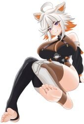 1girl 1girls absurdres ahoge ass asymmetrical_legwear bare_shoulders black_bridal_gauntlets black_thighhighs breasts breedable_hips bridal_gauntlets commentary demenishki facial_mark feet female foot foot_focus hair_between_eyes highres immortalboobs indie_virtual_youtuber large_breasts leotard massive_breasts multicolored_hair orange_hair purple_eyes red_panda_ears red_panda_girl see-through_clothes see-through_leotard short_hair smile soles solo thick_thighs thighhighs thighs tits virtual_youtuber vtuber whisker_markings white_background white_hair wide_hips