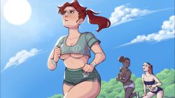 academy34 freckles interracial jogging jogging_pants multiple_girls original original_character original_characters red_hair running sun sunny sweat sweating underboob youngnaughty