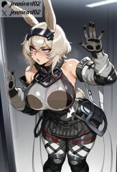 1girl against_glass ai_generated animal_ears armpit_crease armpits bare_shoulders blue_eyes blush breast_press breasts breasts_on_glass clothing crossed_bangs detached_sleeves english_text female gloves grey_hair hair_between_eyes hairband hand_on_glass heterochromia jennieart02 large_breasts leaning_forward open_mouth patreon patreon_logo patreon_username pink_eyes rabbit_ears rabbit_girl rabbit_tail red_eyes short_hair skirt solo standing sweat tail twitter twitter_username watermark