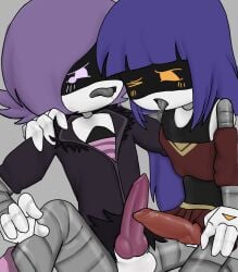 2futas blush clothed clothing doll_(murder_drones) duo frottage frotting futanari knot knotted_penis murder_drones saliva_string self_upload uzi_(murder_drones) uzi_doorman