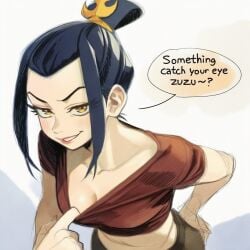 1boy 1girls ai_generated avatar_the_last_airbender azula big_breasts black_hair blush blushing brother_and_sister english_text gold_eyes hair_ornament hand_on_hip hi_res imminent_sex implied_incest leaning_forward pov pov_eye_contact pulling_clothing pulling_own_clothes siblings simple_background smug tank_top teasing text yellow_eyes zuko