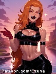 ai_generated big_ass big_breasts big_butt big_thighs blush dc dc_comics ezuna huge_ass huge_breasts huge_butt huge_thighs latex latex_clothing onsen orange_eyes orange_hair superheroine volcana_(dc) wanuze wet wet_body wide_hips