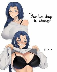 1girls big_breasts blue_eyes blue_hair blush bra bra_strap_is_showing_(meme) braid breasts cleavage closed_mouth clothing darkpulsegg dp-12_(girls'_frontline) english_text expressionless female female_only flashing flashing_breasts