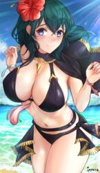 1girls 2020 bikini black_bikini black_swimsuit blue_eyes blue_hair blush breasts byleth_(fire_emblem) byleth_(fire_emblem)_(female) byleth_(summer)_(fire_emblem)_(female) cleavage english_commentary female female_only fire_emblem fire_emblem:_three_houses fire_emblem_heroes flower hair_flower hair_ornament highres ippers large_breasts medium_hair midriff navel nintendo red_flower solo solo_focus swimsuit teal_hair thick thick_thighs thighs