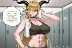 1girl ai_assisted ai_generated arknights choker degenbrecher_(arknights) english_text fatest_squirrel large_breasts open_mouth smile sweatdrop wiping_face yellow_eyes