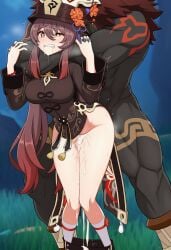 ai_generated choke_hold cum cum_inside cum_leaking excessive_cum genshin_impact hu_tao_(genshin_impact) mitachurl raped_by_monster raped_female self_upload sex_from_behind shorts_down