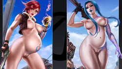 2girls absurd_res areolae belly_tattoo big_belly blue_eyes blue_hair blue_lipstick blue_sky borderlands borderlands_2 borderlands_3 breasts breasts_apart brown_gloves casual child_bearing_hips cloud cowboy_shot dandon_fuga eyeshadow facing_viewer female female_only fingerless_gloves fire firearm functionally_nude gloves gun handgun handwear human jacket lilith_(borderlands) lipstick long_hair looking_at_viewer looking_down low-angle_view magic maya_(borderlands) medium_breasts multiple_girls multiple_pregnancies naked_jacket naked_vest nipples nude nude_female outdoor_nudity outdoors outerwear pale-skinned_female petite pregnant pussy ready_to_pop red_hair red_lipstick revolver seductive_eyes seductive_look short_hair silver_eyes single_glove siren_(borderlands) sleeve_tattoo standing tattoo uncensored vest_only viewed_from_below wallpaper wallpaper_for_the_brave weapon