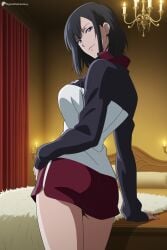 1girl ai_generated ass black_hair breasts chandelier closed_mouth cowboy_shot curtains digitalwaifugallery dolphin_shorts from_behind hand_on_own_hip hanebado! hi_res high_quality high_resolution indoors jacket long_sleeves looking_at_viewer looking_back multicolored_jacket patreon purple_eyes red_shorts seductive sexy shiwahime_yuika short_hair short_shorts shorts smile solo standing track_jacket two-tone_jacket uncensored watermark