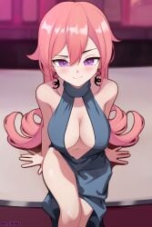 1girl 1girls absurdres bare_arms bare_shoulders blurry blurry_background blush breasts chenki chenki_(chenki) cleavage commentary commission dress earrings english_commentary evening_gown female grey_dress hair_between_eyes halter_dress halterneck highres jewelry long_hair looking_at_viewer medium_breasts multi-source_commentary navel no_panties phase_connect pink_hair plunging_neckline purple_eyes raised_eyebrow revealing_clothes runie_ruse second-party_source sitting sleeveless sleeveless_dress smile smug solo thighs twitter_username very_long_hair virtual_youtuber vtuber