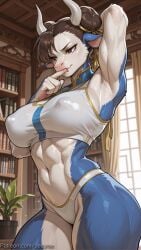 1girl abs ai_generated animal_ears arm_behind_head arm_up armpits bookshelf breasts brown_eyes brown_hair chun-li covered_nipples cow_horns decurse double_bun female female_only finger_to_mouth furry furry_female hair_bun hair_ribbon horns indoors large_breasts mole muscular muscular_female navel ribbon solo street_fighter thick_thighs thighs