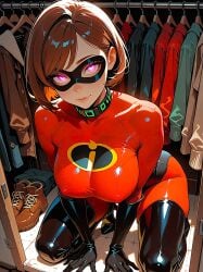 ai_generated erect_nipples_under_clothes helen_parr hypnotized kneeling latex_bodysuit latex_gloves latex_thighhighs looking_at_viewer no_bra the_incredibles