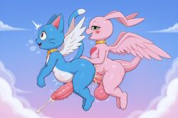 3_fingers 3_toes absurd_res ai_generated anal anal_penetration animal_genitalia anthro anthro_on_anthro anthro_penetrated anthro_penetrating anthro_penetrating_anthro balls bandai_namco big_balls big_ears big_penis big_tail black_eyes blue_body blue_fur bodily_fluids breath butt cloud collar crossover cum cum_in_ass cum_inside cum_on_body cum_on_butt cum_on_penis cumshot digimon digimon_(species) duo ejaculation emanata exceed eyebrows fairy_tail fangs feet felid fingers flying fur genital_fluids genitals gold_(metal) gold_collar gold_ring green_eyes half-closed_eyes happy_(fairy_tail) heart_(marking) heart_symbol hi_res huge_balls huge_penis long_ears long_tail looking_at_another looking_at_partner male male/male male_penetrated male_penetrating male_penetrating_male mammal marineangemon medal motion_lines narrowed_eyes open_mouth open_smile outside_sex paws penetration penile penile_penetration penile_spines penis penis_in_ass pink_body sex sheath sky smile smiling_at_another smiling_at_partner snout tail teeth toes tongue tongue_out vein veiny_penis whiskers white_body white_fur white_wings wings yiff_ai_(director)