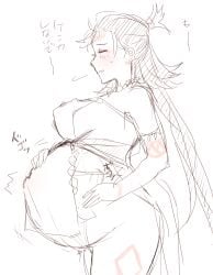 big_breasts body_markings facial_markings facial_tattoo fate/grand_order fate_(series) female female_only himiko_(fate) huge_belly japanese_clothes long_hair mi_ne_ral pregnant profile ready_to_pop rough_sketch side_view sideboob sketch solo tattoo tattoos tied_hair