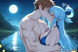 1boy 1girl ai_assisted ai_generated aqua_(konosuba) blue_bikini blush closed_eyes english_text fatest_squirrel grabbing_another's_breast kiss kono_subarashii_sekai_ni_shukufuku_wo! large_breasts saliva satou_kazuma wet wet_hair