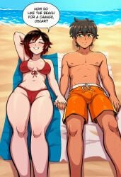1boy 1girl ai_generated beach bikini black_hair blush breasts brown_hair bulge cameltoe closed_eyes clothing dark-skinned_male dark_skin english_text female gradient_hair green_eyes hetero holding_hands large_breasts lying male male_swimwear medium_breasts multicolored_hair navel ocean on_back oscar_pine outdoors red_bikini red_hair ruby_rose rwby sand short_hair smile speech_bubble swim_trunks swimsuit topless_male towel water