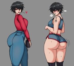 1female 1girl 1girls ass big_ass big_butt clothed clothes clothing demon_dog heart heart_symbol hearts jeans light-skinned_female light_skin lips lipstick looking_back makeup pants piercing piercings pretty purse short_hair short_shorts shorts simple_background smile solo solo_focus sports_bra sportswear standing steam steaming_body steamy steamy_breath sweat sweatdrop sweating sweaty sweaty_ass sweaty_body sweaty_breasts sweaty_butt tall tall_female taller_female thighs tomboy wide_ass