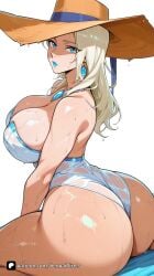 1girl ai_generated artist_name ass bare_shoulders blonde_hair blue_eyes breasts cleavage earrings emma_frost emma_frost_(marvel_rivals) hat huge_ass huge_breasts jewelry large_breasts lipstick long_hair looking_at_viewer looking_back makeup marvel marvel_comics marvel_rivals necklace one-piece_swimsuit patreon questionable see-through senpai_pixels sensitive shiny_skin simple_background sitting solo strapless_swimsuit straw_hat sun_hat swimsuit thick_thighs thighs wet wet_clothes white_background white_one-piece_swimsuit white_queen x-men