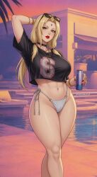 ai_generated cosplay crop_top crossover crossover_cosplay female female_only female_torso glasses grand_theft_auto_vi naruto naruto_(series) naruto_shippuden rockstar_games shirt_lift shirt_up tattoos thick_thighs thong tsunade vice_city_cover_girl watermark white_thong wide_hips