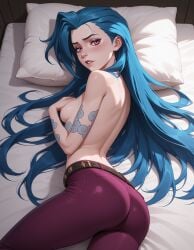 adult adult_female aged_up ai_generated artistom2022 biting_own_lip blushing blushing_at_viewer blushing_female female female_only hair_down half_lidded_eyes jinx_(arcane) mattress nipples pants parted_lips petite pink_eyes tattoos topless touching_breast touching_breasts touching_own_breast very_long_hair