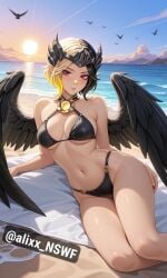 ai_art ai_generated alixx_nswf beach big_breasts bikini black_hair breasts lunox_(mobile_legends) mixed_hair_color mobile_legends mobile_legends:_bang_bang sexy wings yellow_hair