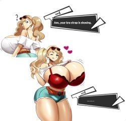 1boy 1girls 2d ann_takamaki atlus blonde_hair bra bra_strap_is_showing_(meme) breasts breasts_bigger_than_head female joker_(persona) light-skinned_female light_skin male meme offscreen_character offscreen_male persona persona_5 ren_amamiya schnauzercito tagme twintails white_background