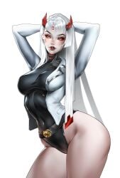 1girls android arms_behind_head ass ass_up breasts curvy curvy_figure female female_only horns jacket leotard lipstick long_hair looking_at_viewer mechanical mechanical_arms medium_breasts overwatch partially_clothed red_eyes red_lipstick robot robot_girl robot_humanoid shion_(overwatch) shyrinart smooth_skin tagme thighs white_background white_hair wide_hips