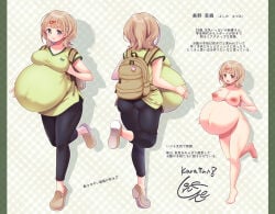 backpack big_breasts blonde_hair female female_only full_body fully_clothed green_eyes hair_ornament hairclip japanese_text leggings light_brown_hair looking_at_viewer maternity_clothes maternity_mark medium_hair nude original pregnant solo standing urute